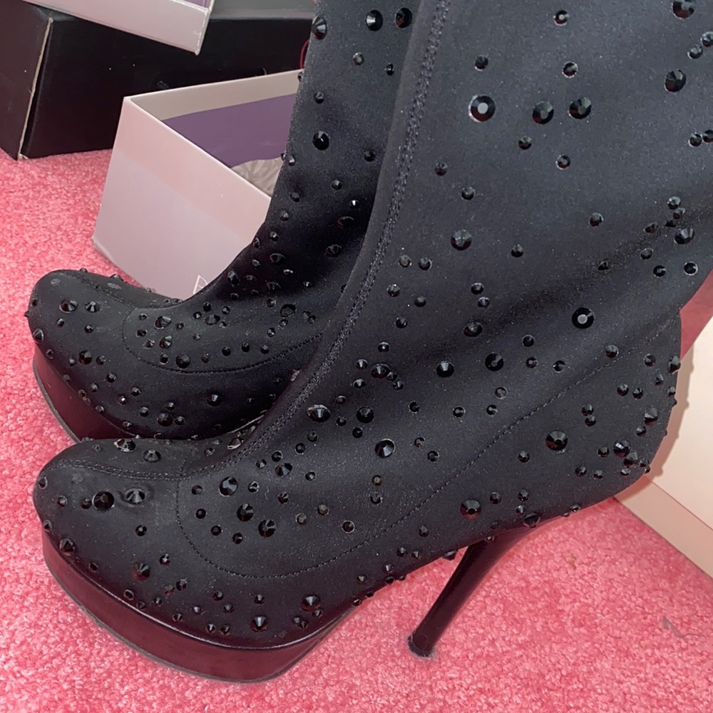Bling black studded thigh high bakers boots